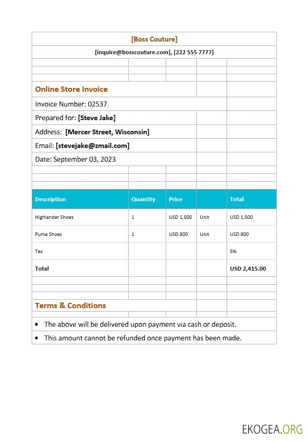 Modèle de facture de boutique en ligne